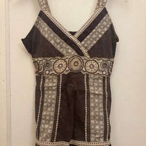 Brown and Cream Embroidered Sleeveless Top